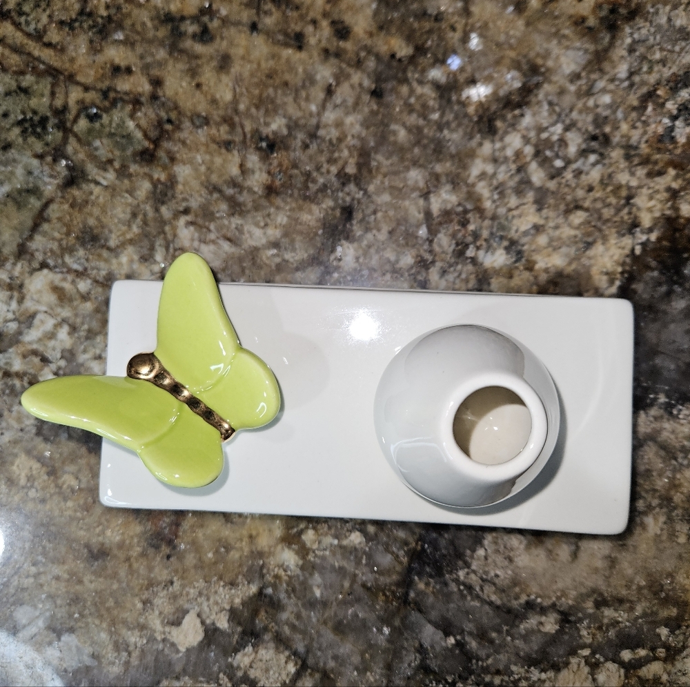 NF Nora Fleming White Ceramic Bud Vase Pen Toothpick Holder Green Butterfly HTF - Picture 5 of 16